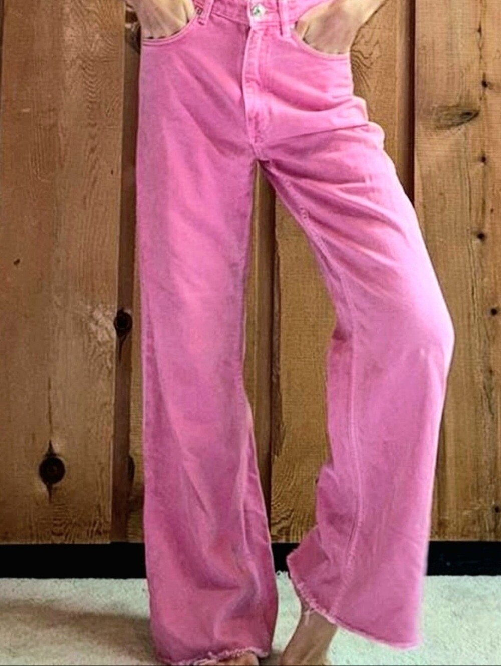 ZARA Pink High Waisted Wide Leg Jeans Raw Hem Size 4